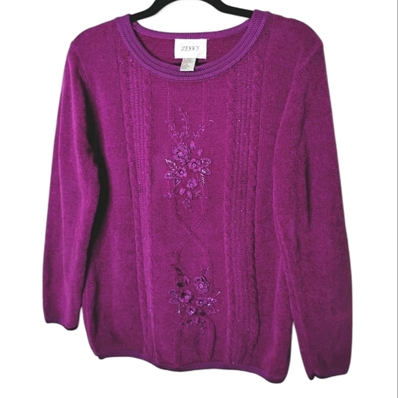 Jenny Plum Embroidered Beaded Sweater Size M Holiday Knit - Picture 1 of 8